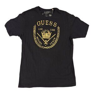 GUESS Black Gold Crest Logo Tee XL Vintage Style Washed Denim Crown